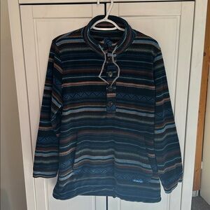 Kavu Women’s Claremore Fleece Pullover, Size L, Blue and Brown Striped